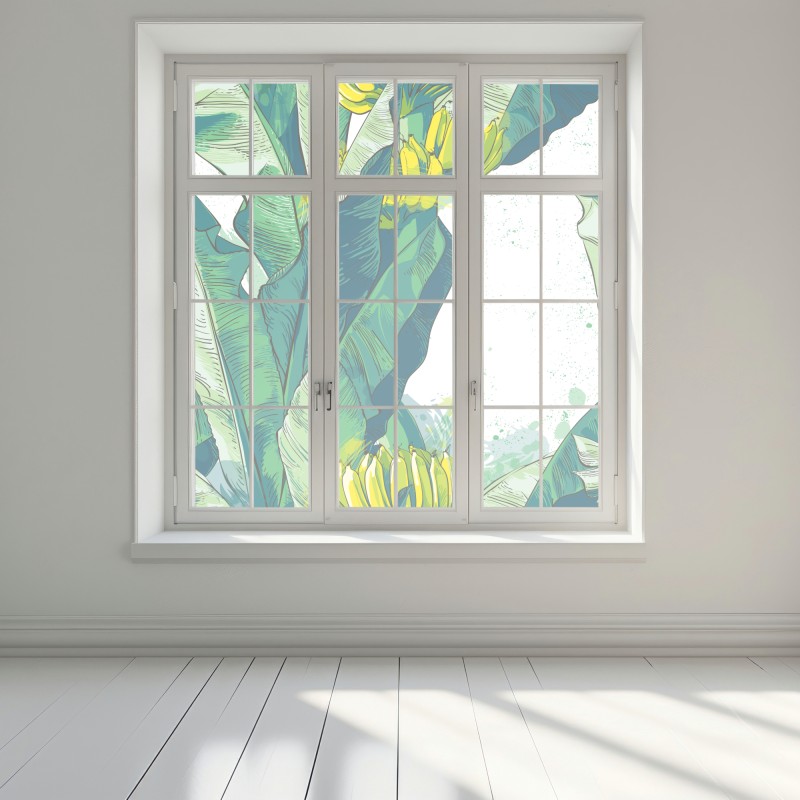 Naklejka na okno tropikalna ilustracja liści bananowca – Wallissimo® Naklejka na okno tropikalna ilustracja liści bananowca – Wallissimo®