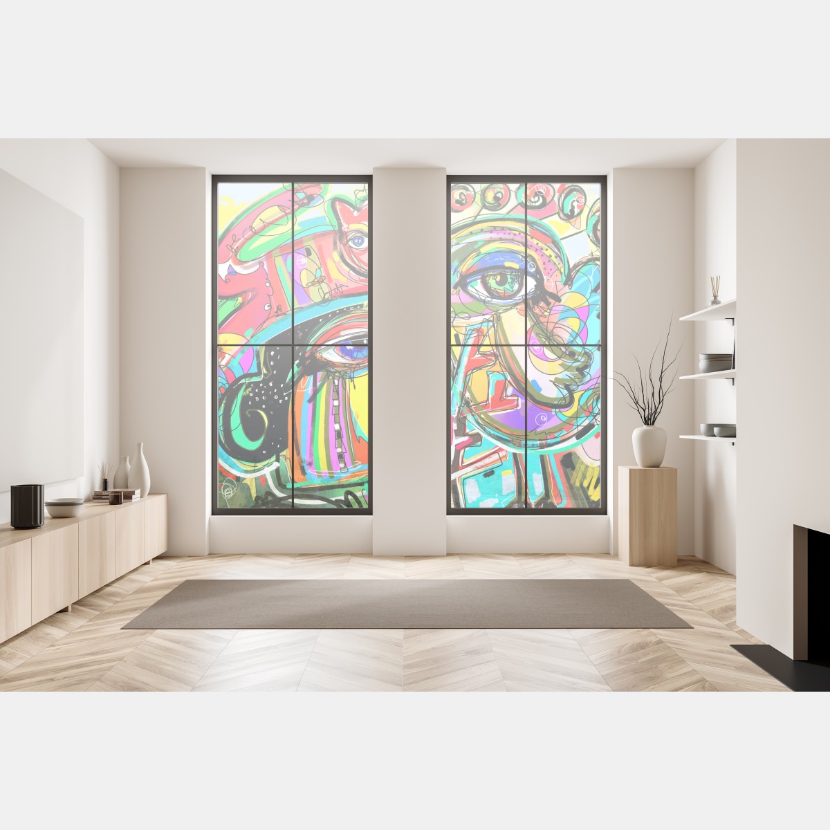 Naklejka na okno żywe abstrakcyjne twarze z kotem i ptakiem – Wallissimo® Naklejka na okno żywe abstrakcyjne twarze z kotem i ptakiem – Wallissimo®