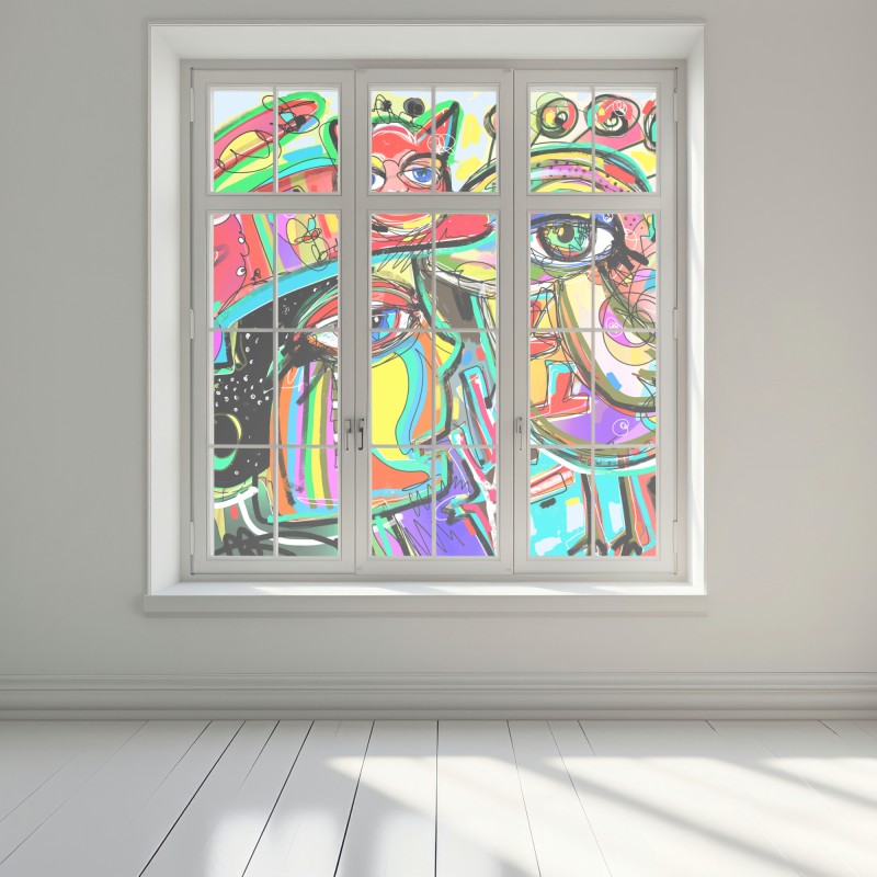 Naklejka na okno żywe abstrakcyjne twarze z kotem i ptakiem – Wallissimo® Naklejka na okno żywe abstrakcyjne twarze z kotem i ptakiem – Wallissimo®