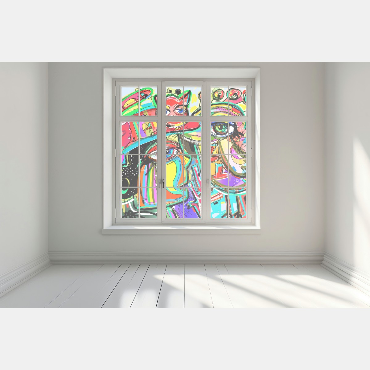 Naklejka na okno żywe abstrakcyjne twarze z kotem i ptakiem – Wallissimo® Naklejka na okno żywe abstrakcyjne twarze z kotem i ptakiem – Wallissimo®