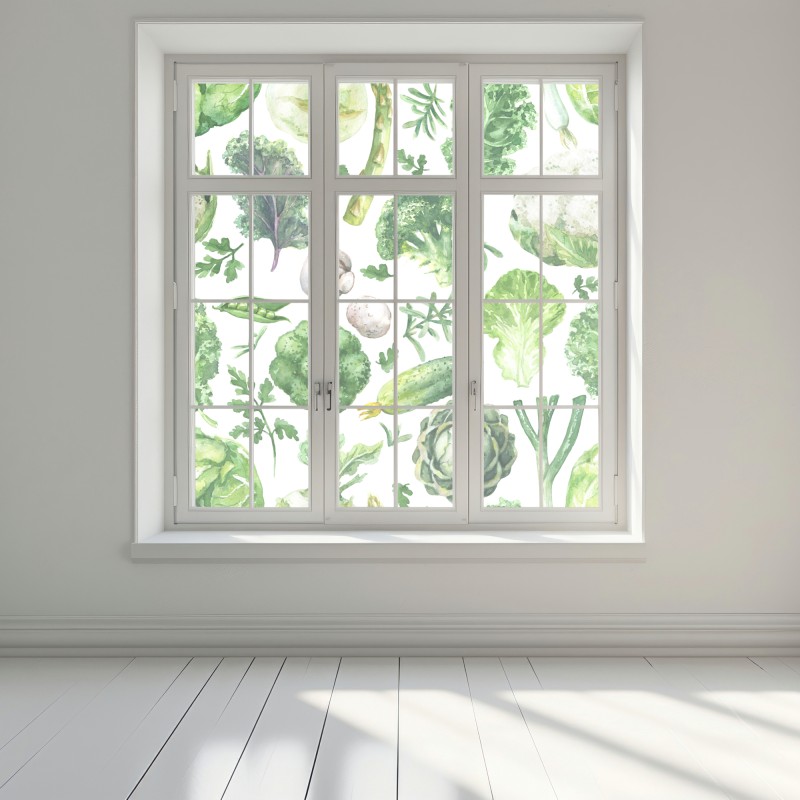Naklejka na okno akwarelowy wzór zielonych warzyw – Wallissimo® Naklejka na okno akwarelowy wzór zielonych warzyw – Wallissimo®