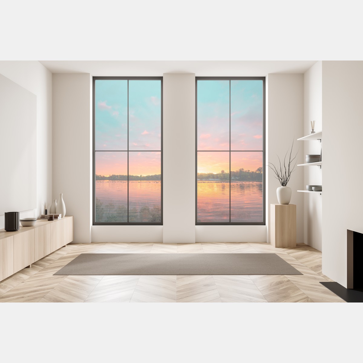 Naklejka na okno turkusowy zachód słońca nad spokojnym jeziorem – Wallissimo® Naklejka na okno turkusowy zachód słońca nad spokojnym jeziorem – Wallissimo®