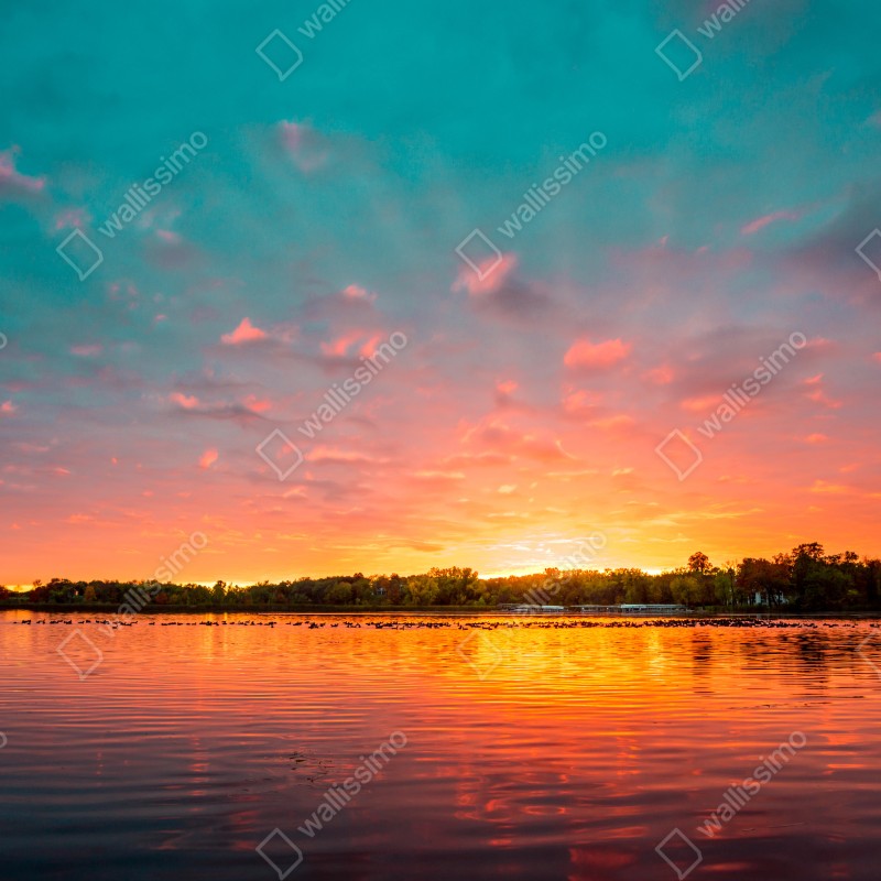 Naklejka na okno turkusowy zachód słońca nad spokojnym jeziorem – Wallissimo® Naklejka na okno turkusowy zachód słońca nad spokojnym jeziorem – Wallissimo®