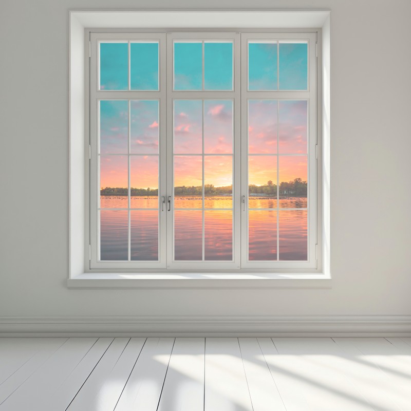 Naklejka na okno turkusowy zachód słońca nad spokojnym jeziorem – Wallissimo® Naklejka na okno turkusowy zachód słońca nad spokojnym jeziorem – Wallissimo®