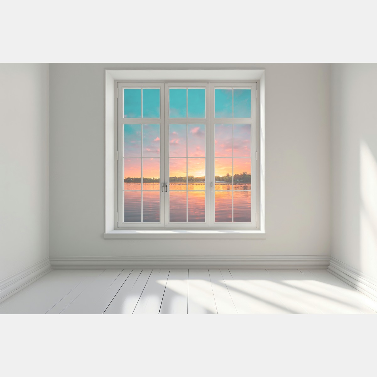Naklejka na okno turkusowy zachód słońca nad spokojnym jeziorem – Wallissimo® Naklejka na okno turkusowy zachód słońca nad spokojnym jeziorem – Wallissimo®