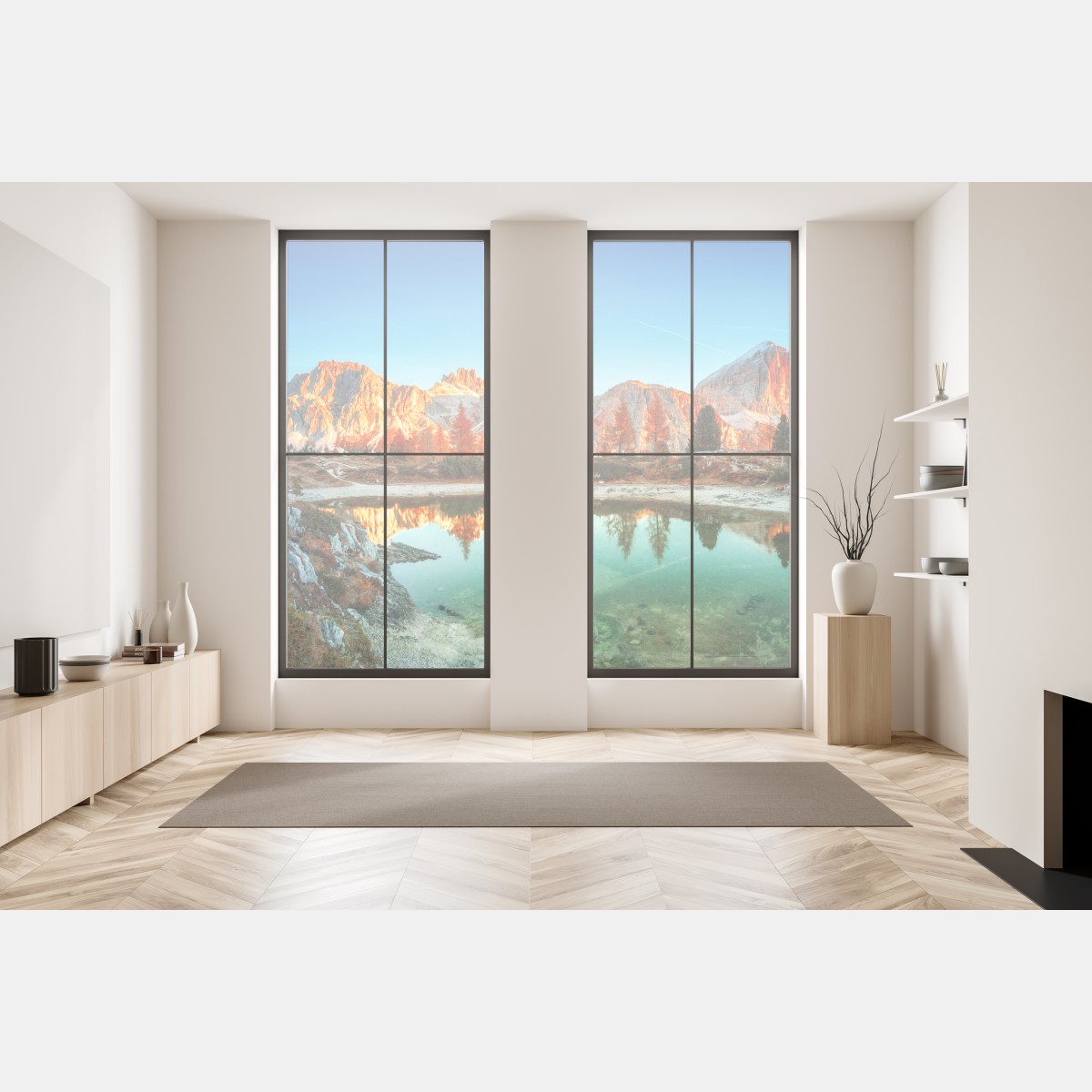 Naklejka na okno alpejski wschód słońca nad górskim jeziorem – Wallissimo® Naklejka na okno alpejski wschód słońca nad górskim jeziorem – Wallissimo®