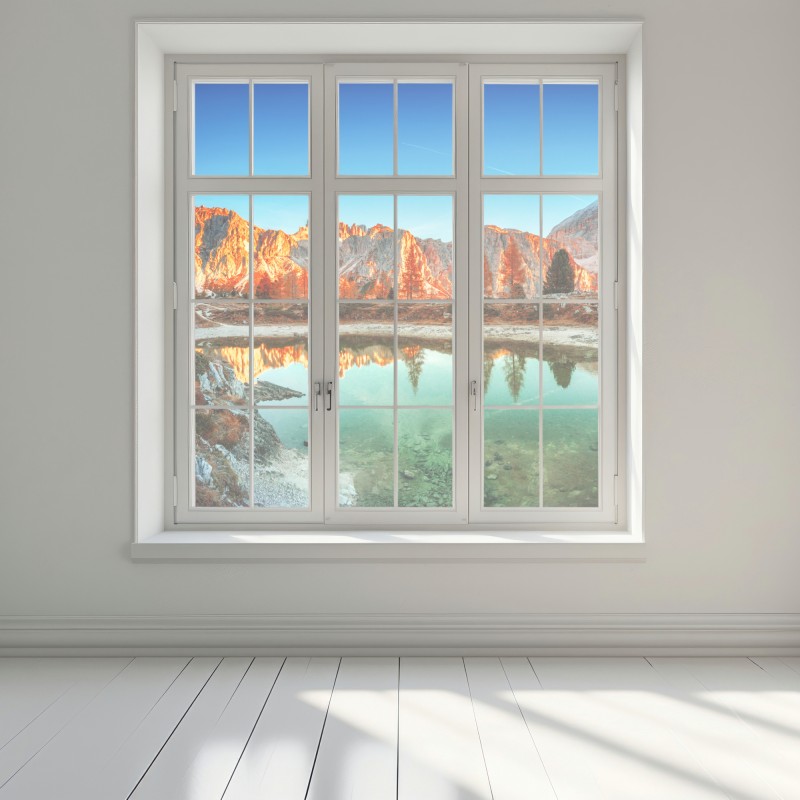 Naklejka na okno alpejski wschód słońca nad górskim jeziorem – Wallissimo® Naklejka na okno alpejski wschód słońca nad górskim jeziorem – Wallissimo®