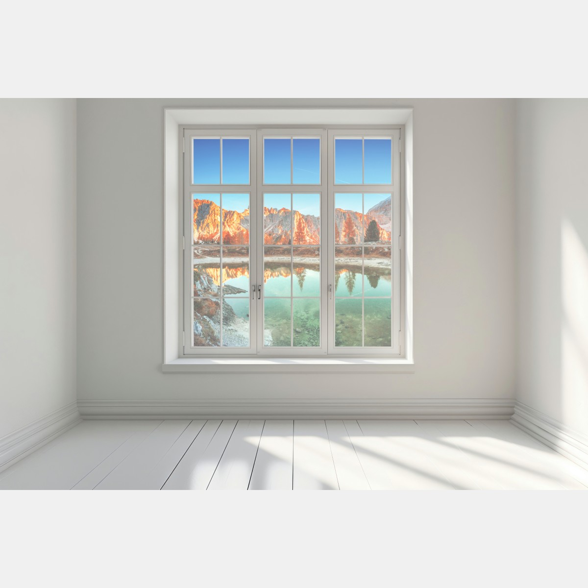 Naklejka na okno alpejski wschód słońca nad górskim jeziorem – Wallissimo® Naklejka na okno alpejski wschód słońca nad górskim jeziorem – Wallissimo®