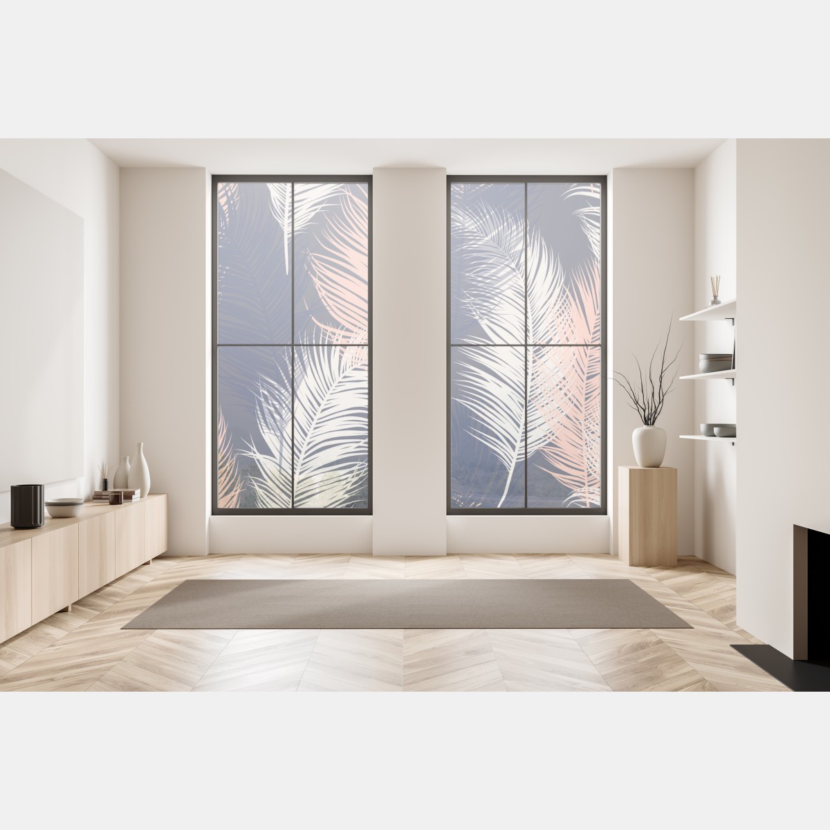 Naklejka na okno wzór z piórami w granacie i różu – Wallissimo® Naklejka na okno wzór z piórami w granacie i różu – Wallissimo®