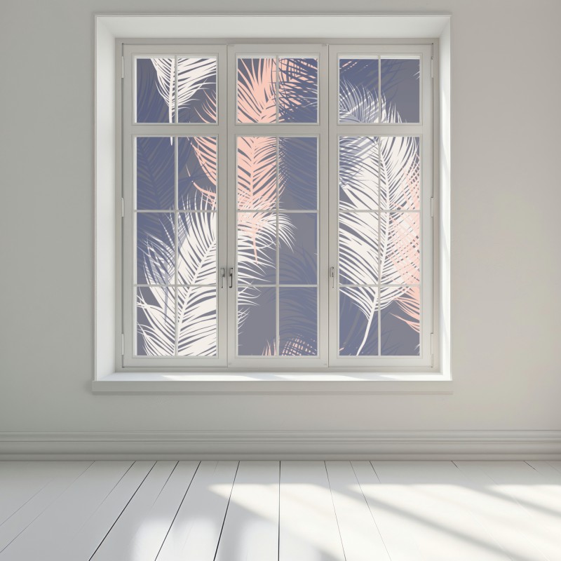 Naklejka na okno wzór z piórami w granacie i różu – Wallissimo® Naklejka na okno wzór z piórami w granacie i różu – Wallissimo®