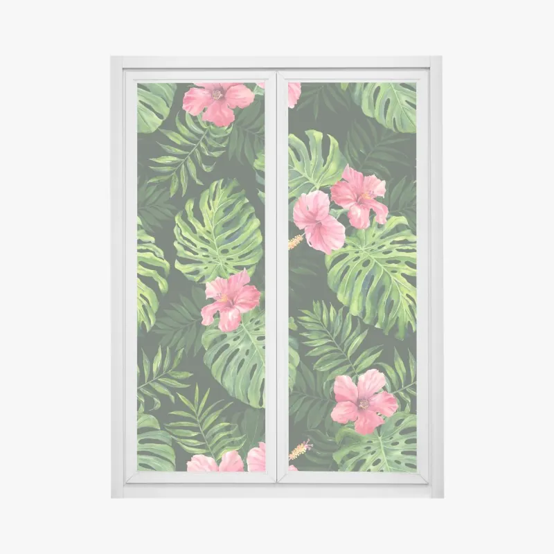 Naklejka na okno tropikalny wzór z monsterą i hibiskusem