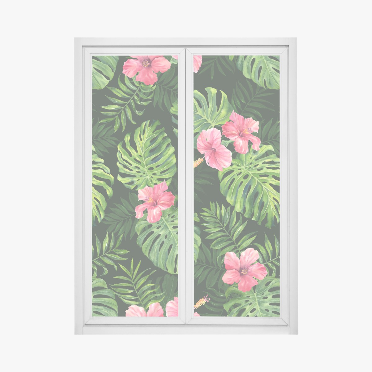 Window decal tropical monstera and hibiscus botanical pattern