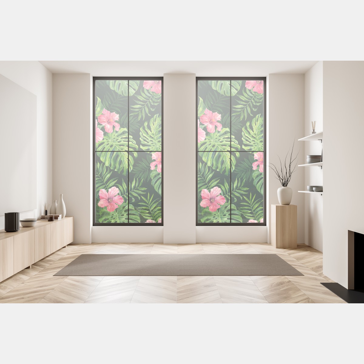 Naklejka na okno tropikalny wzór z monsterą i hibiskusem – Wallissimo® Naklejka na okno tropikalny wzór z monsterą i hibiskusem – Wallissimo®