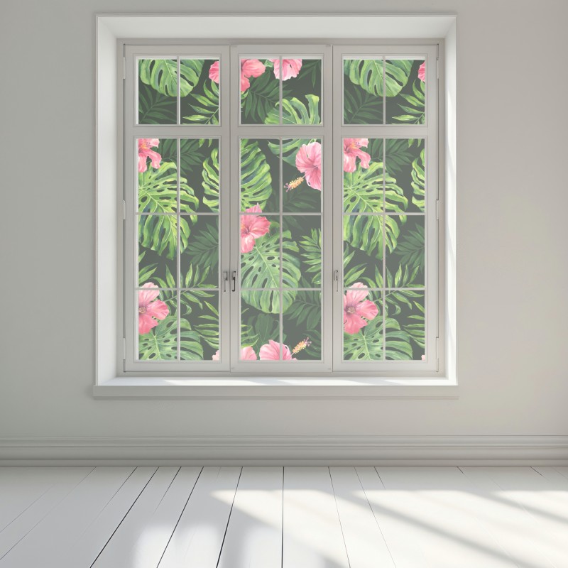 Naklejka na okno tropikalny wzór z monsterą i hibiskusem – Wallissimo® Naklejka na okno tropikalny wzór z monsterą i hibiskusem – Wallissimo®