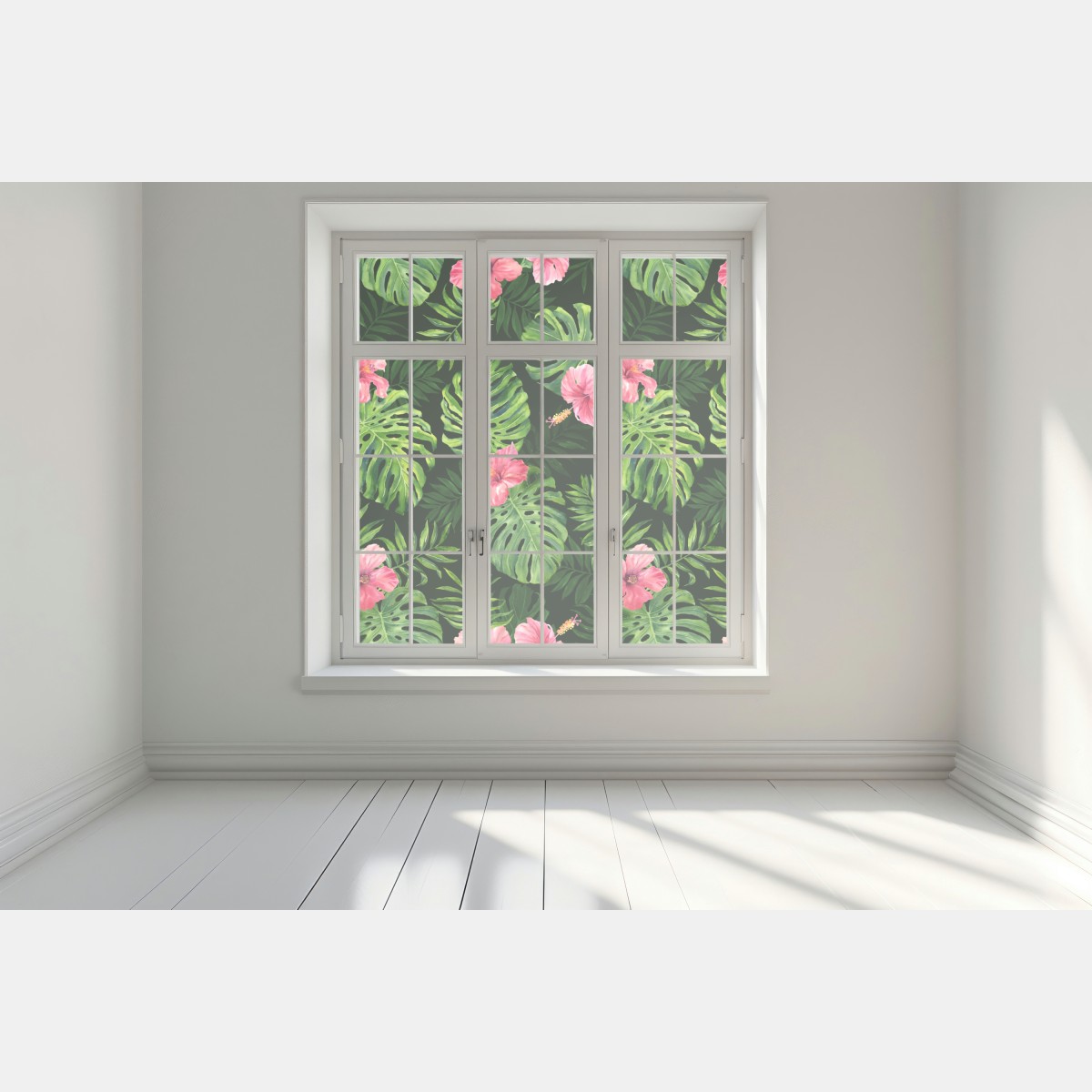 Naklejka na okno tropikalny wzór z monsterą i hibiskusem – Wallissimo® Naklejka na okno tropikalny wzór z monsterą i hibiskusem – Wallissimo®