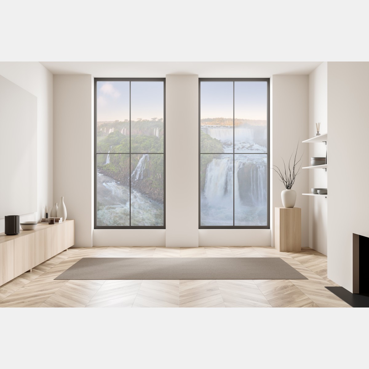 Naklejka na okno mglista panorama wodospadów w bujnym lesie – Wallissimo® Naklejka na okno mglista panorama wodospadów w bujnym lesie – Wallissimo®