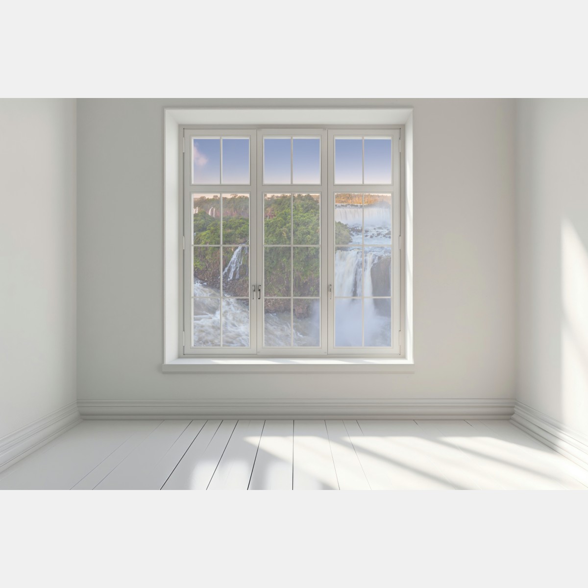 Naklejka na okno mglista panorama wodospadów w bujnym lesie – Wallissimo® Naklejka na okno mglista panorama wodospadów w bujnym lesie – Wallissimo®