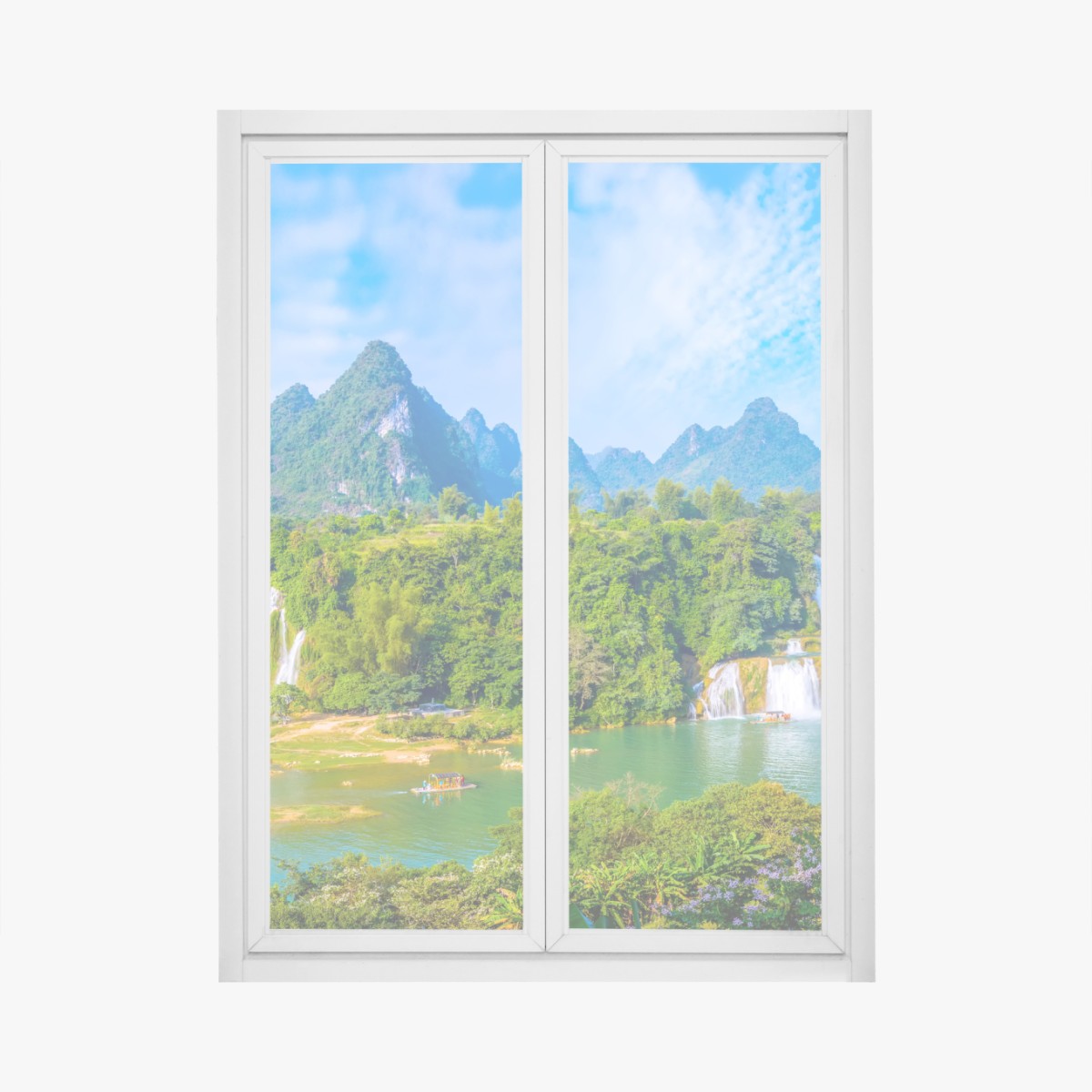 Window decal lush waterfall panorama with karst mountains