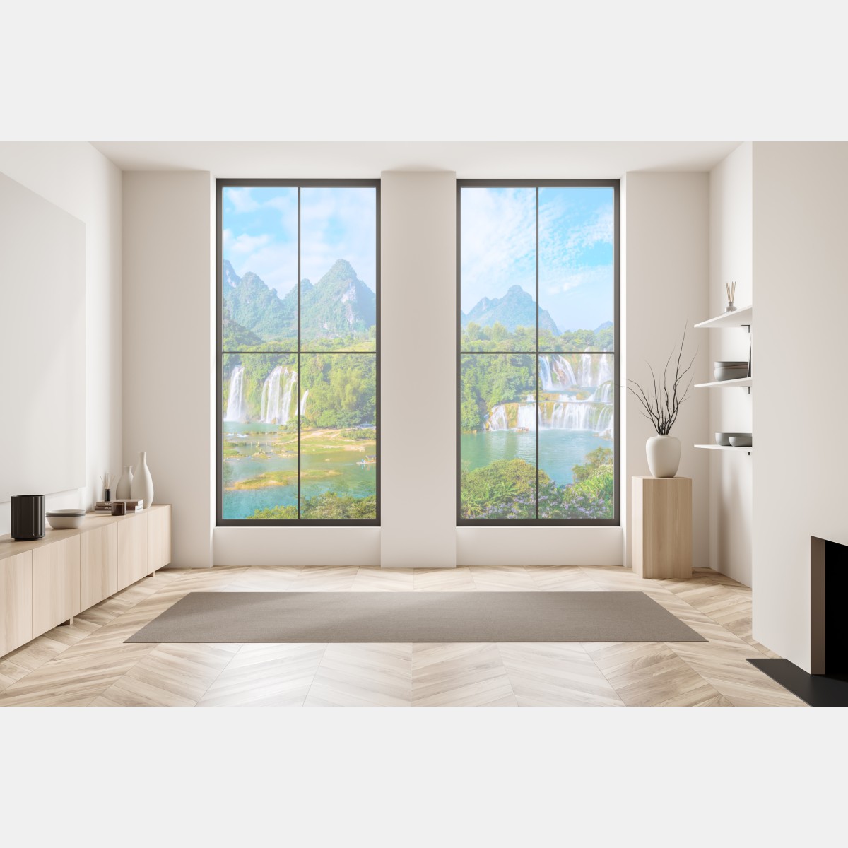 Naklejka na okno bujna panorama wodospadu z wapiennymi górami – Wallissimo® Naklejka na okno bujna panorama wodospadu z wapiennymi górami – Wallissimo®