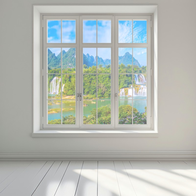 Naklejka na okno bujna panorama wodospadu z wapiennymi górami – Wallissimo® Naklejka na okno bujna panorama wodospadu z wapiennymi górami – Wallissimo®