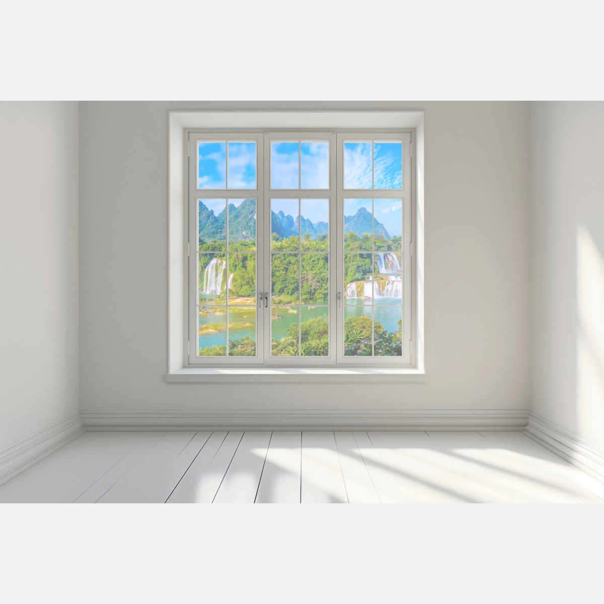 Naklejka na okno bujna panorama wodospadu z wapiennymi górami – Wallissimo® Naklejka na okno bujna panorama wodospadu z wapiennymi górami – Wallissimo®