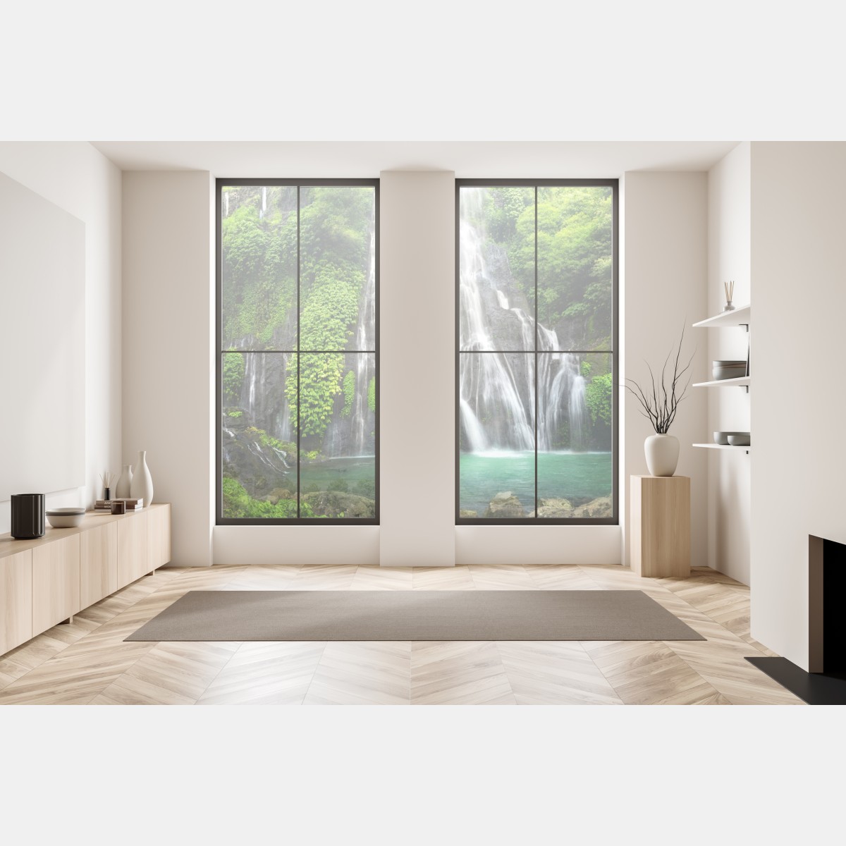 Naklejka na okno spokojny wodospad w szmaragdowym lesie – Wallissimo® Naklejka na okno spokojny wodospad w szmaragdowym lesie – Wallissimo®
