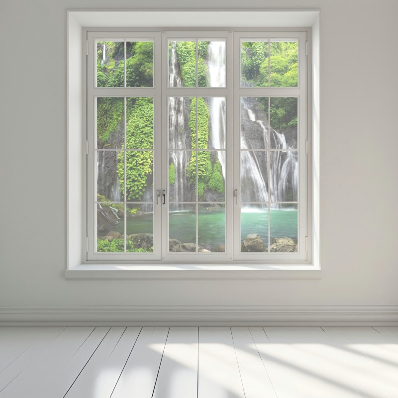 Naklejka na okno spokojny wodospad w szmaragdowym lesie – Wallissimo® Naklejka na okno spokojny wodospad w szmaragdowym lesie – Wallissimo®