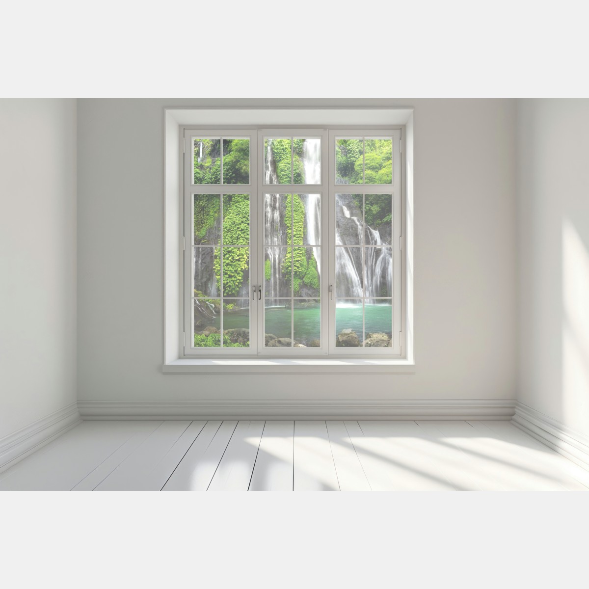 Naklejka na okno spokojny wodospad w szmaragdowym lesie – Wallissimo® Naklejka na okno spokojny wodospad w szmaragdowym lesie – Wallissimo®