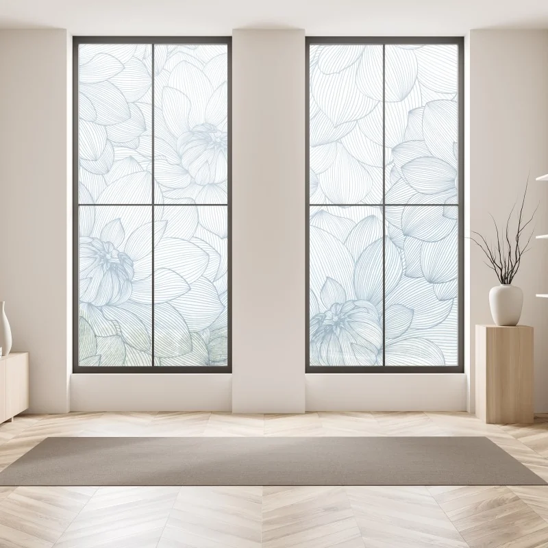 Naklejka na okno delikatny, liniowy wzór kwiatowy w odcieniach niebieskiego – Wallissimo® Naklejka na okno delikatny, liniowy wzór kwiatowy w odcieniach niebieskiego – Wallissimo®