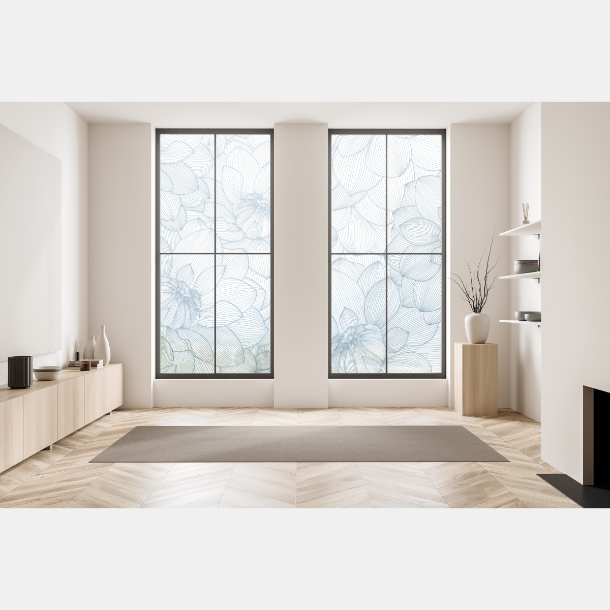 Naklejka na okno delikatny, liniowy wzór kwiatowy w odcieniach niebieskiego – Wallissimo® Naklejka na okno delikatny, liniowy wzór kwiatowy w odcieniach niebieskiego – Wallissimo®