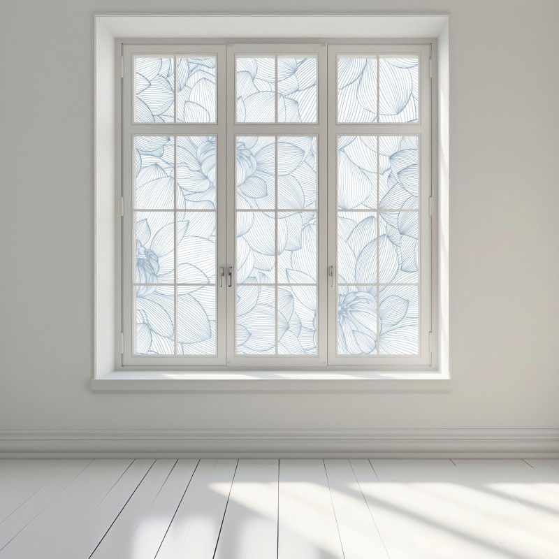 Naklejka na okno delikatny, liniowy wzór kwiatowy w odcieniach niebieskiego – Wallissimo® Naklejka na okno delikatny, liniowy wzór kwiatowy w odcieniach niebieskiego – Wallissimo®