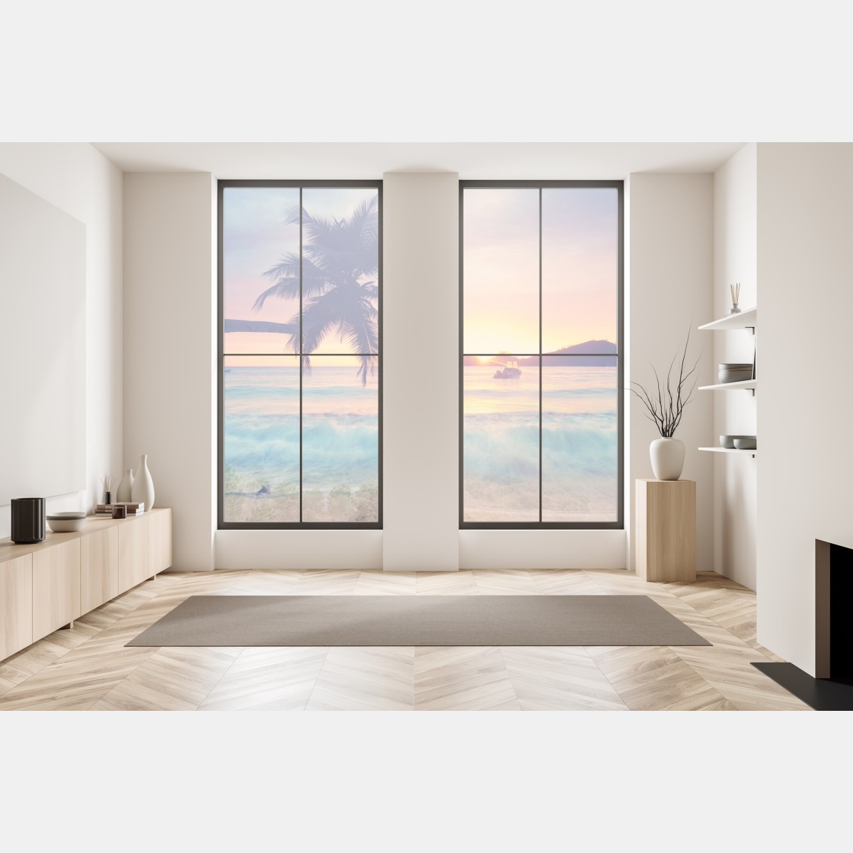 Naklejka na okno tropikalny pastelowy zachód słońca nad morzem – Wallissimo® Naklejka na okno tropikalny pastelowy zachód słońca nad morzem – Wallissimo®