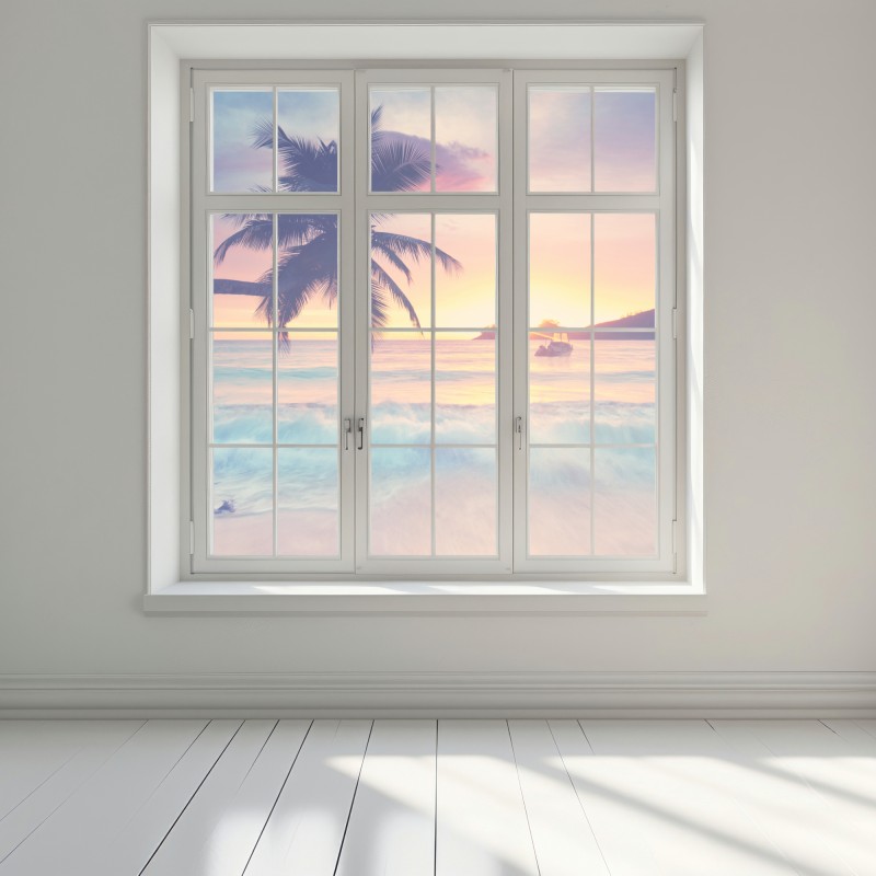 Naklejka na okno tropikalny pastelowy zachód słońca nad morzem – Wallissimo® Naklejka na okno tropikalny pastelowy zachód słońca nad morzem – Wallissimo®