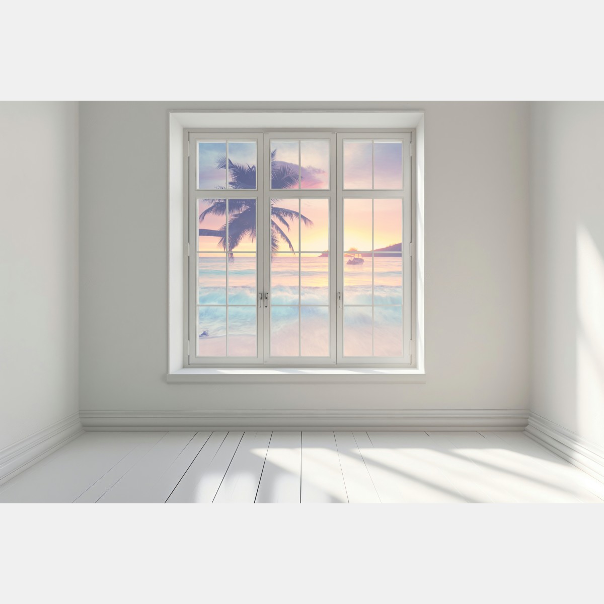 Naklejka na okno tropikalny pastelowy zachód słońca nad morzem – Wallissimo® Naklejka na okno tropikalny pastelowy zachód słońca nad morzem – Wallissimo®