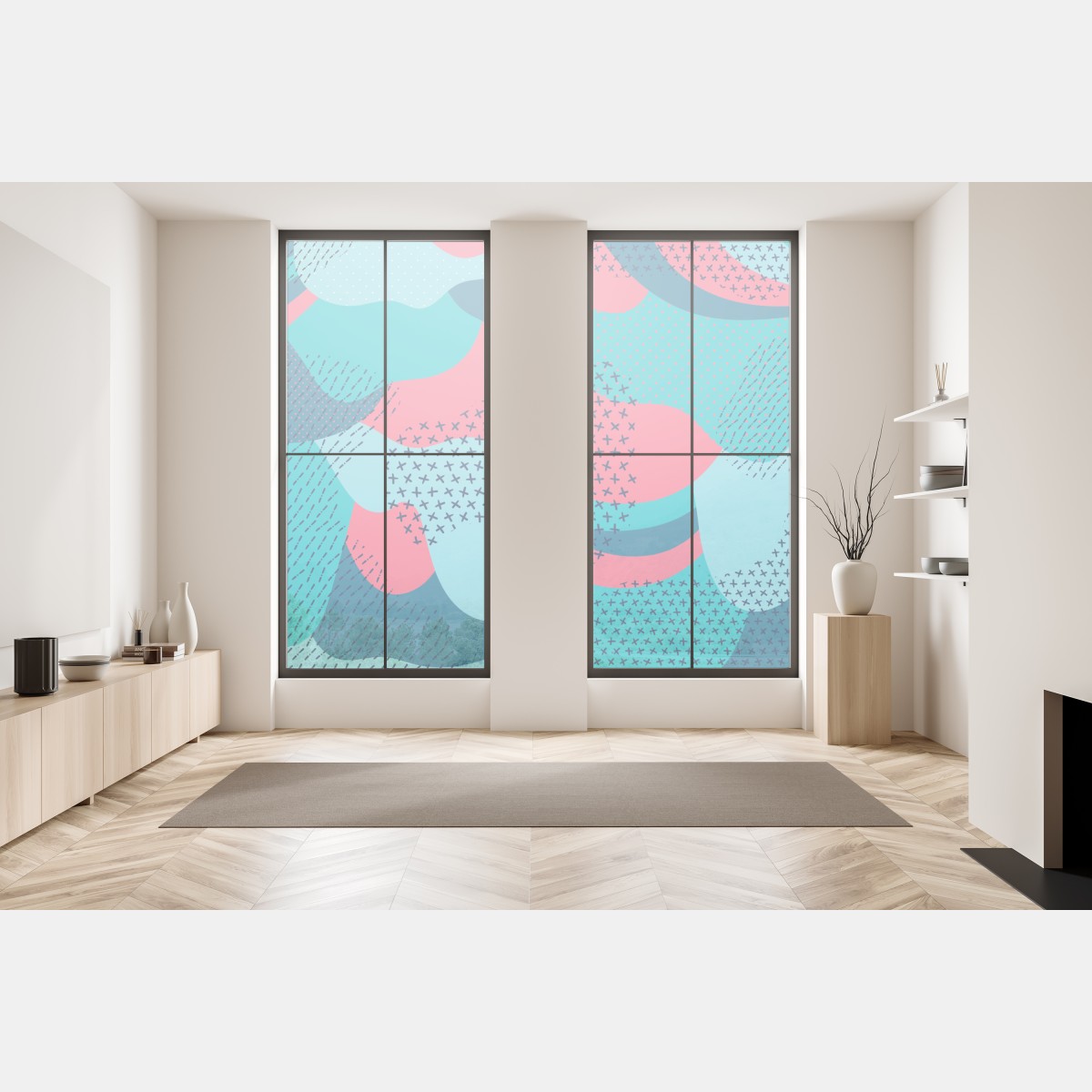 Naklejka na okno abstrakcyjny falisty wzór w turkusie i koralu – Wallissimo® Naklejka na okno abstrakcyjny falisty wzór w turkusie i koralu – Wallissimo®