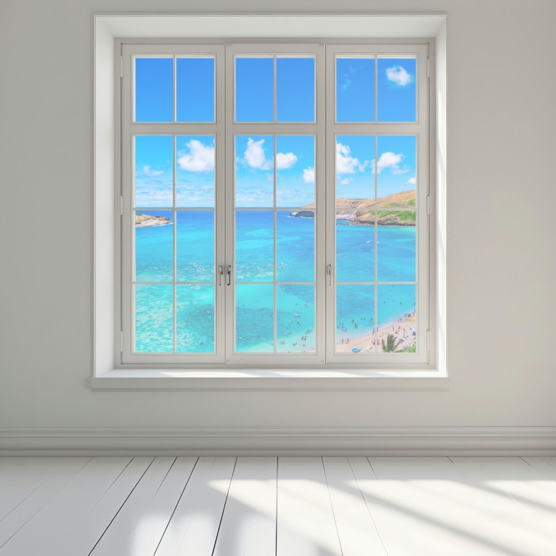 Naklejka na okno tropikalna turkusowa zatoka panorama – Wallissimo® Naklejka na okno tropikalna turkusowa zatoka panorama – Wallissimo®