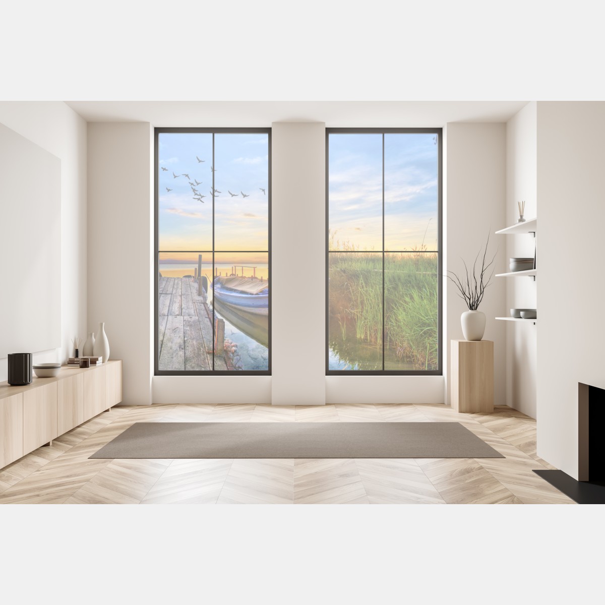 Naklejka na okno zachód słońca nad jeziorem z łodzią przy pomoście – Wallissimo® Naklejka na okno zachód słońca nad jeziorem z łodzią przy pomoście – Wallissimo®