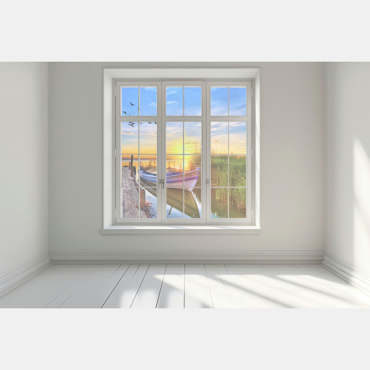 Naklejka na okno zachód słońca nad jeziorem z łodzią przy pomoście – Wallissimo® Naklejka na okno zachód słońca nad jeziorem z łodzią przy pomoście – Wallissimo®