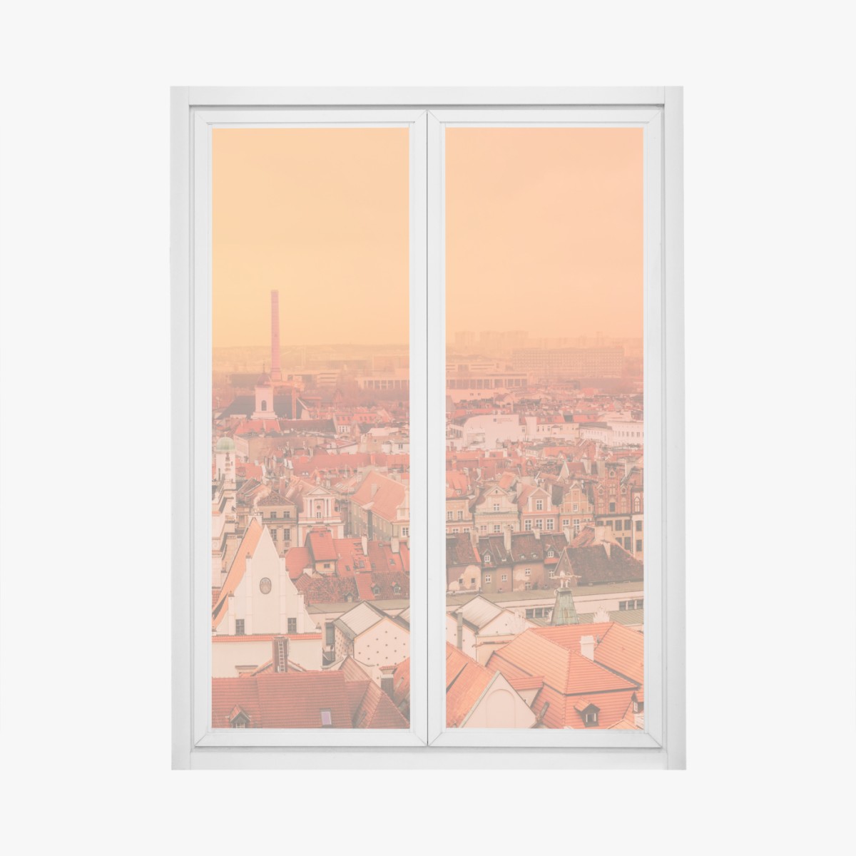 Window decal warm sunset over historic city rooftops