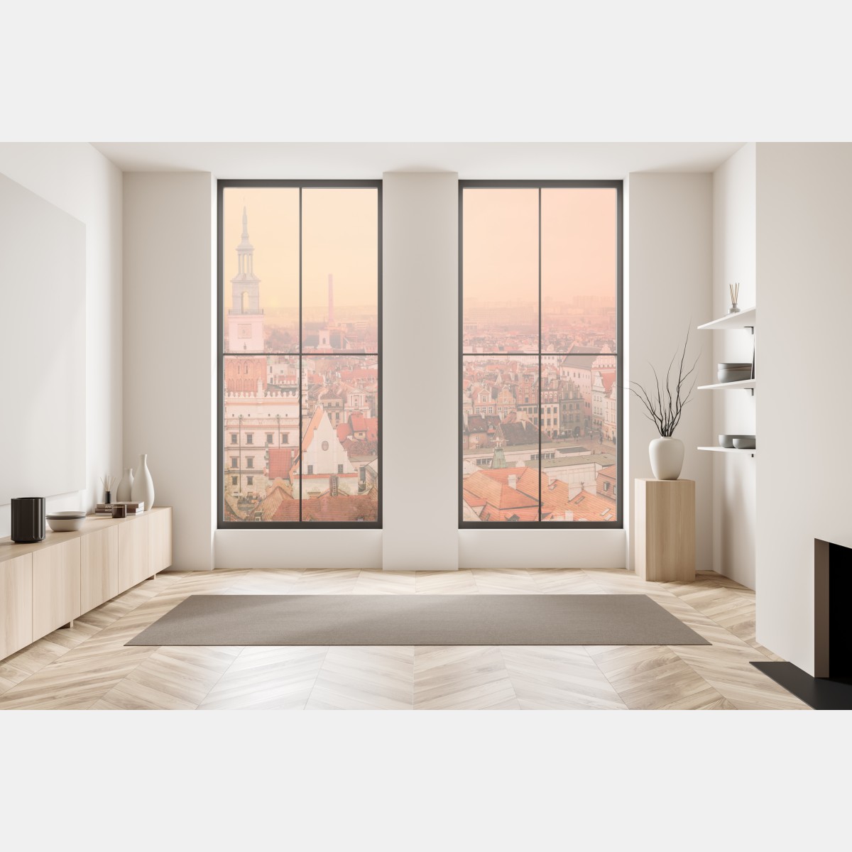 Naklejka na okno ciepły zachód słońca nad zabytkowymi dachami miasta – Wallissimo® Naklejka na okno ciepły zachód słońca nad zabytkowymi dachami miasta – Wallissimo®