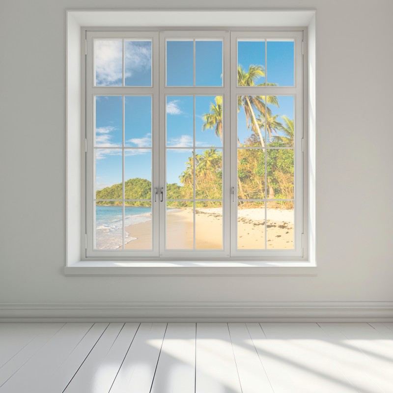 Naklejka na okno złota tropikalna plaża o zachodzie słońca – Wallissimo® Naklejka na okno złota tropikalna plaża o zachodzie słońca – Wallissimo®