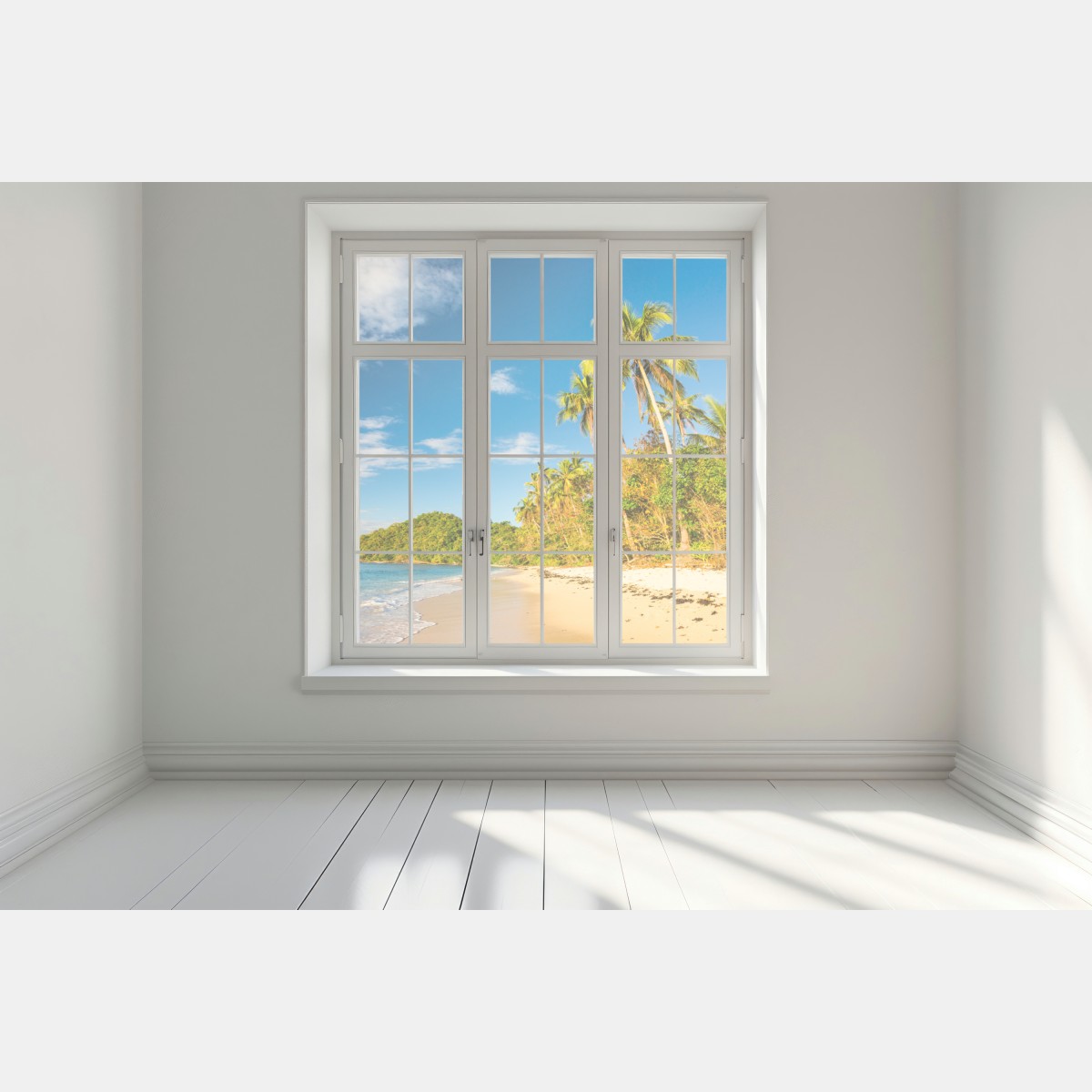 Naklejka na okno złota tropikalna plaża o zachodzie słońca – Wallissimo® Naklejka na okno złota tropikalna plaża o zachodzie słońca – Wallissimo®