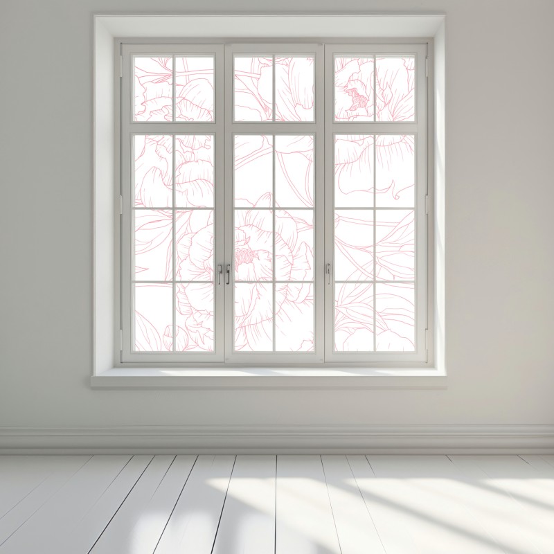 Naklejka na okno delikatny różowy wzór piwonii w stylu line art – Wallissimo® Naklejka na okno delikatny różowy wzór piwonii w stylu line art – Wallissimo®