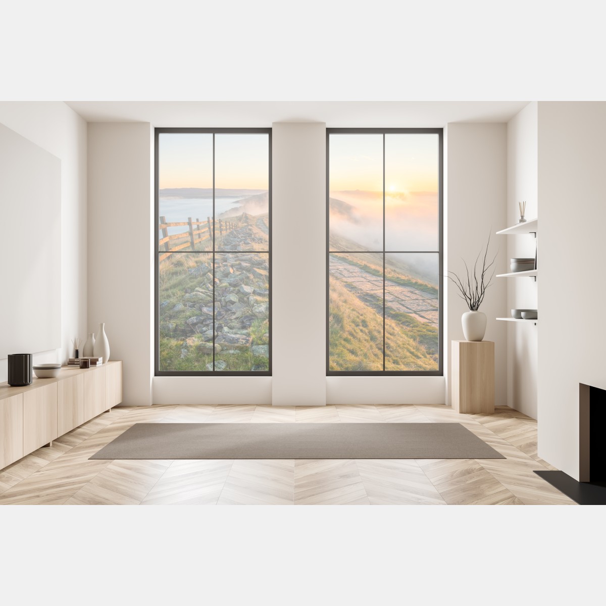 Naklejka na okno wschód słońca nad mglistym grzbietem z kamienną ścieżką – Wallissimo® Naklejka na okno wschód słońca nad mglistym grzbietem z kamienną ścieżką – Wallissimo®