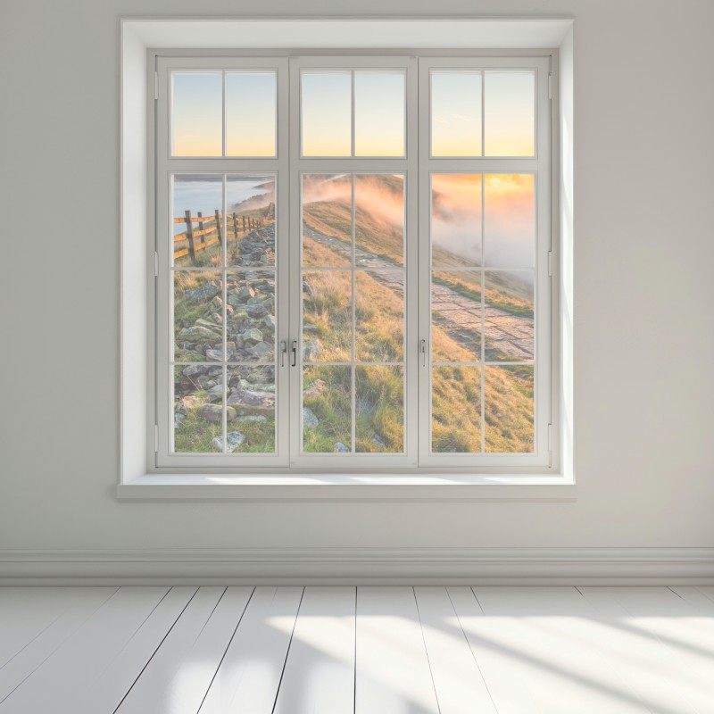 Naklejka na okno wschód słońca nad mglistym grzbietem z kamienną ścieżką – Wallissimo® Naklejka na okno wschód słońca nad mglistym grzbietem z kamienną ścieżką – Wallissimo®