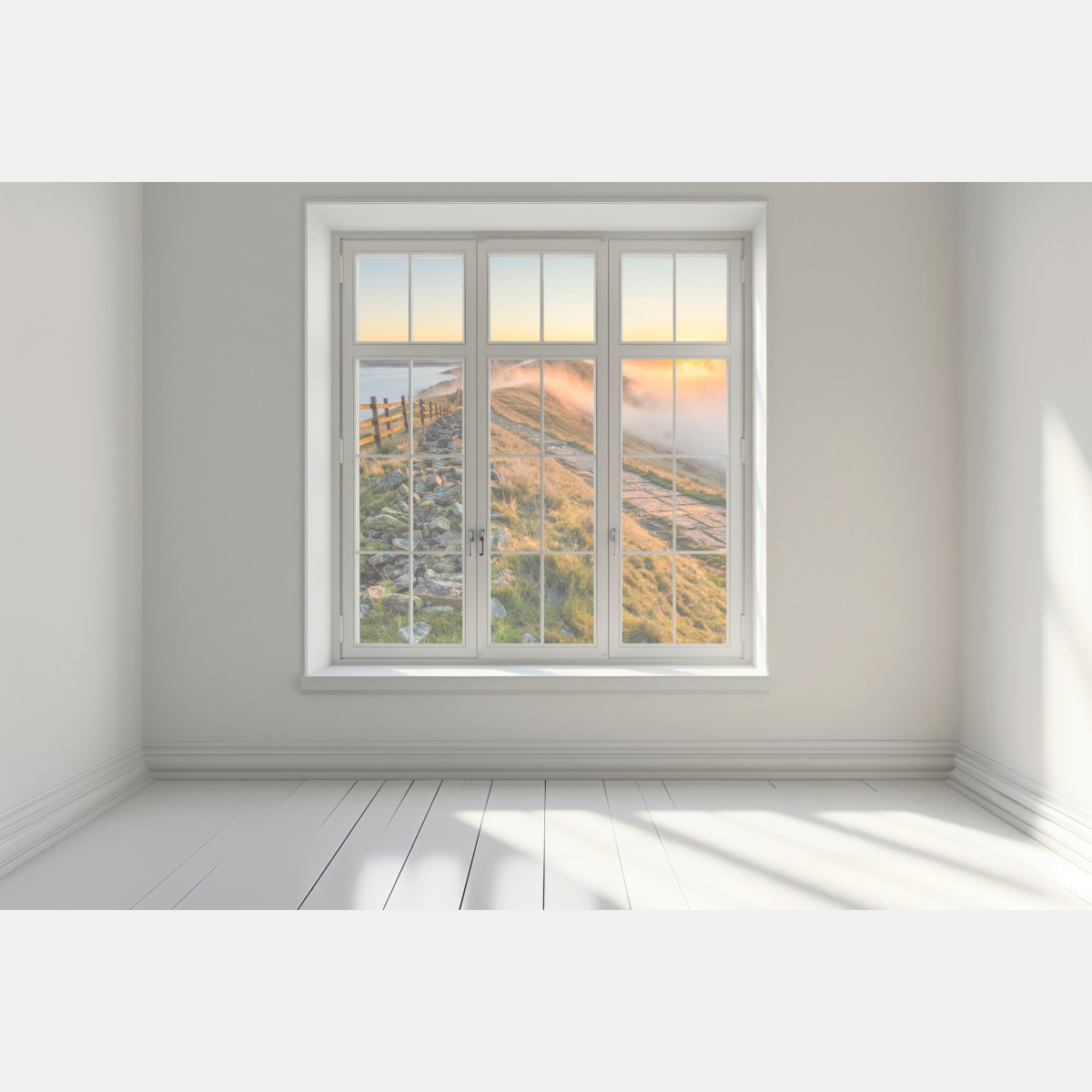 Naklejka na okno wschód słońca nad mglistym grzbietem z kamienną ścieżką – Wallissimo® Naklejka na okno wschód słońca nad mglistym grzbietem z kamienną ścieżką – Wallissimo®