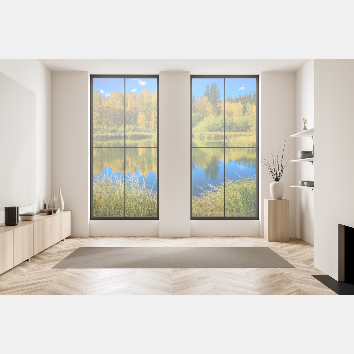 Naklejka na okno jesienne drzewa odbite w spokojnym jeziorze – Wallissimo® Naklejka na okno jesienne drzewa odbite w spokojnym jeziorze – Wallissimo®