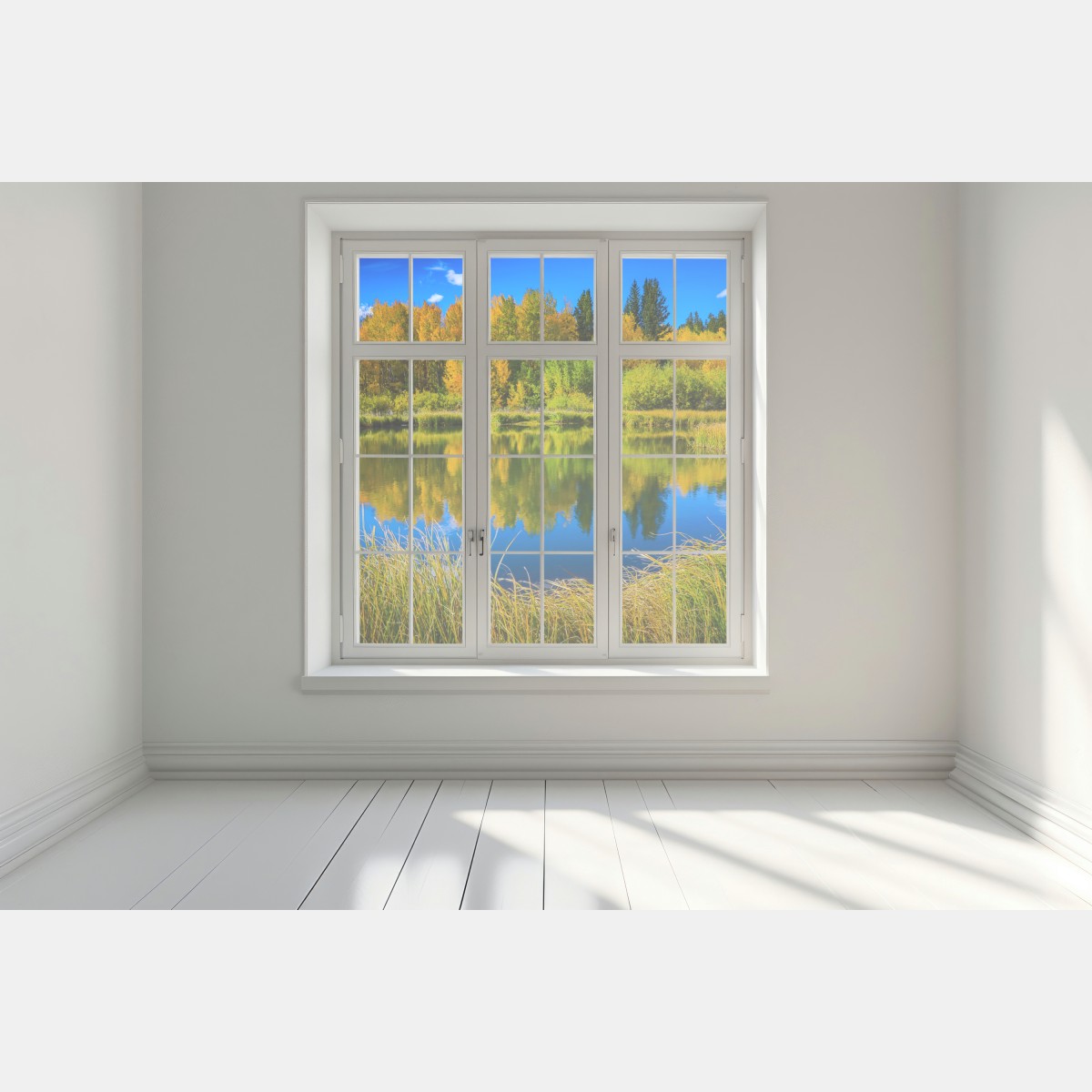 Naklejka na okno jesienne drzewa odbite w spokojnym jeziorze – Wallissimo® Naklejka na okno jesienne drzewa odbite w spokojnym jeziorze – Wallissimo®