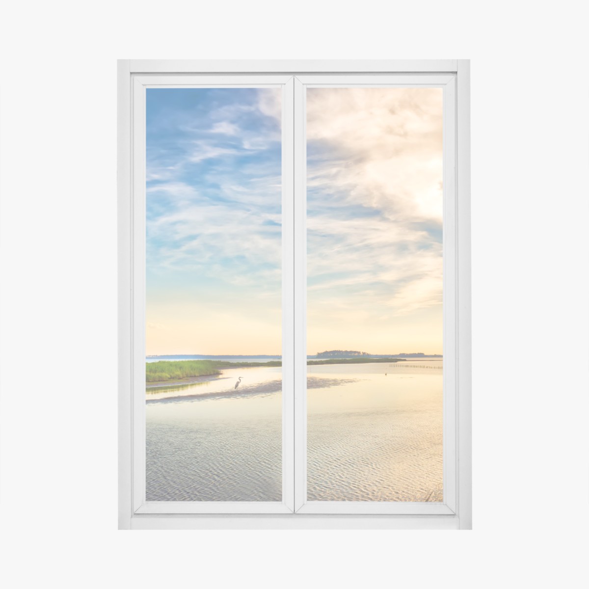 Window decal great blue heron at Chesapeake Bay sunset