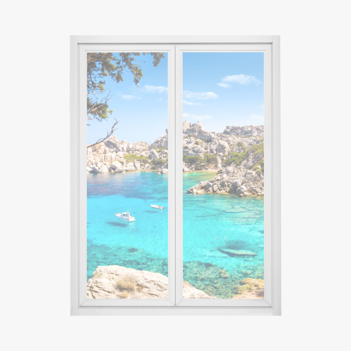 Window decal turquoise coastal cove with boats
